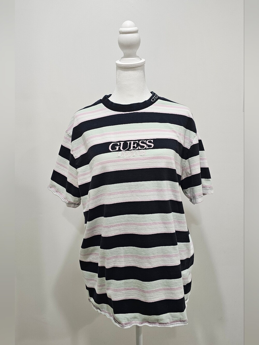 GUESS Men's Black & White Striped Logo Tee